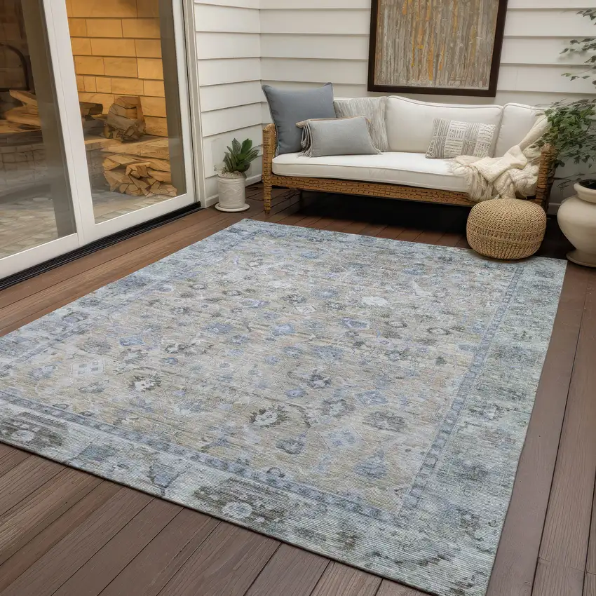Beige Blue And Ivory Oriental Washable Indoor Outdoor Area Rug Photo 5