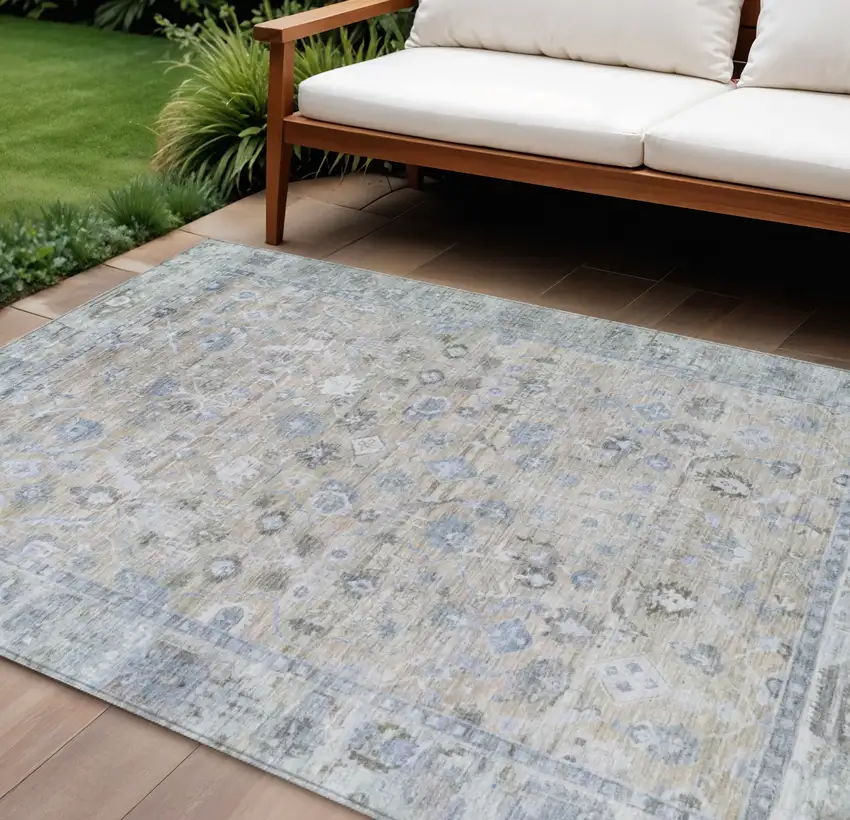 Beige Blue And Ivory Oriental Washable Indoor Outdoor Area Rug Photo 2
