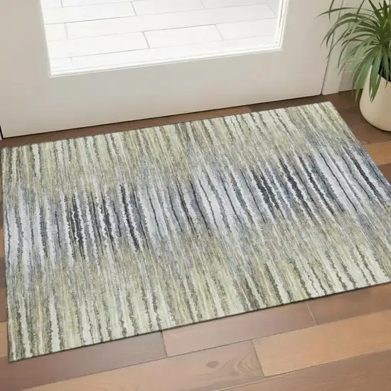 Beige Blue And Ivory Striped Washable Area Rug With UV Protection Photo 1