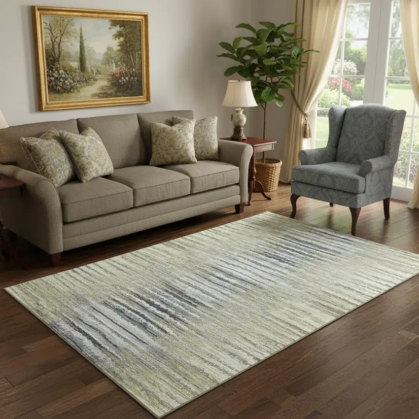 Beige Blue And Ivory Striped Washable Area Rug With UV Protection Photo 3