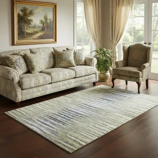 Beige Blue And Ivory Striped Washable Area Rug With UV Protection Photo 1