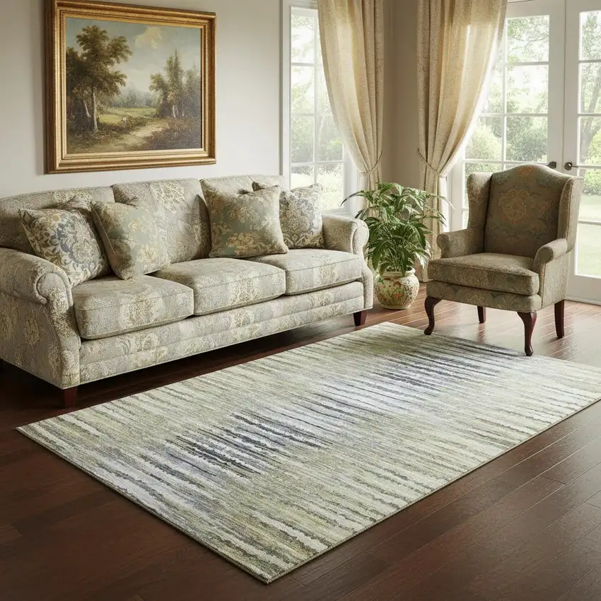 Beige Blue And Ivory Striped Washable Area Rug With UV Protection Photo 1