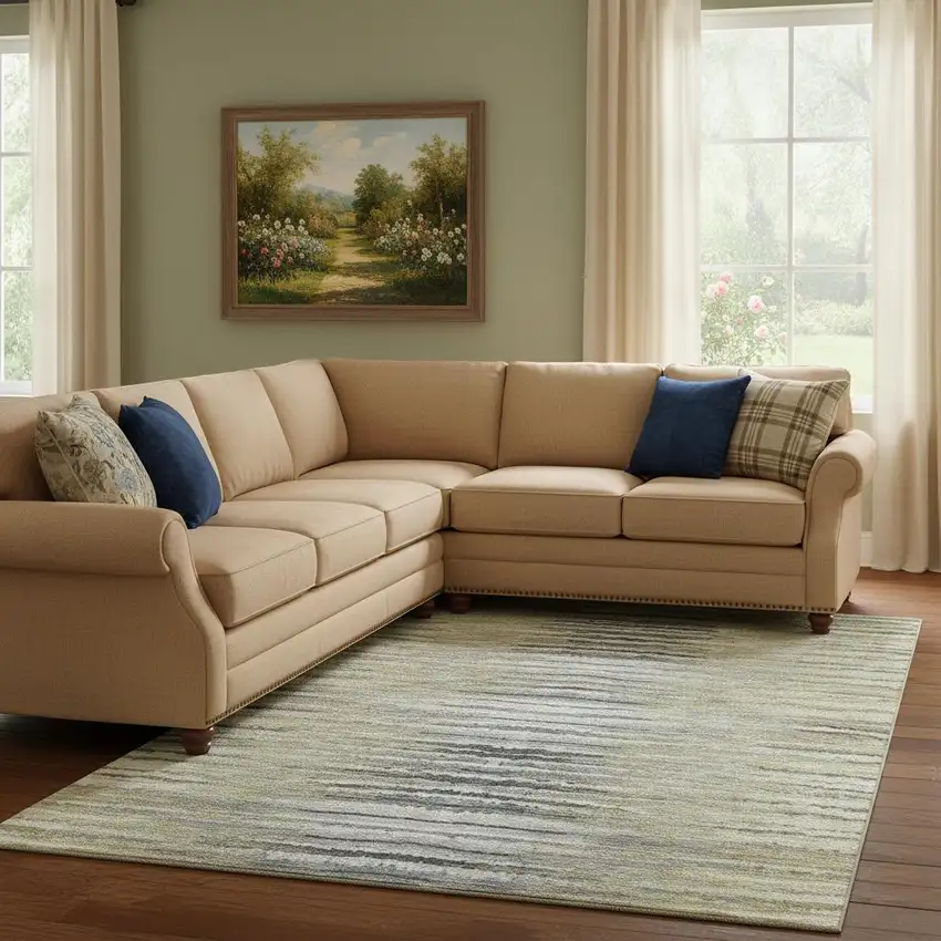 Beige Blue And Ivory Striped Washable Area Rug With UV Protection Photo 1