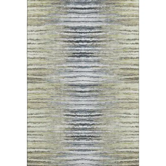 Beige Blue And Ivory Striped Washable Area Rug With UV Protection Photo 1