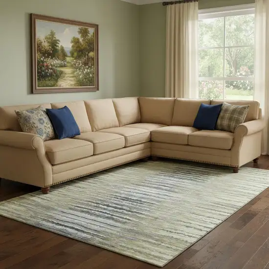 Beige Blue And Ivory Striped Washable Area Rug With UV Protection Photo 1