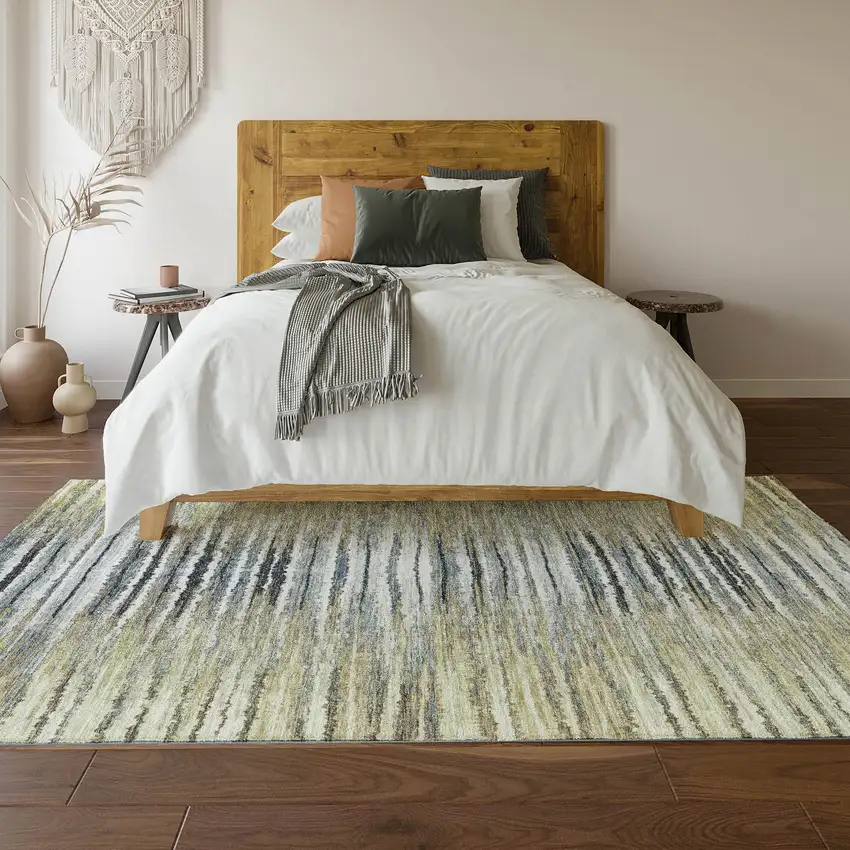 Beige Blue And Ivory Striped Washable Area Rug With UV Protection Photo 4