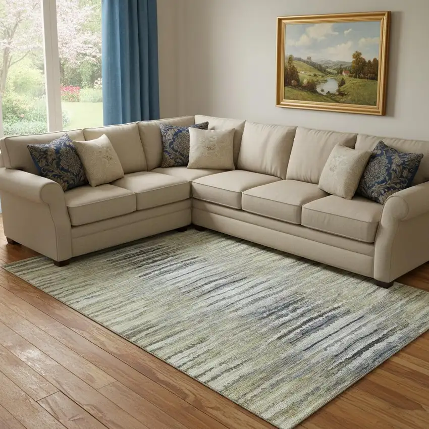 Beige Blue And Ivory Striped Washable Area Rug With UV Protection Photo 1