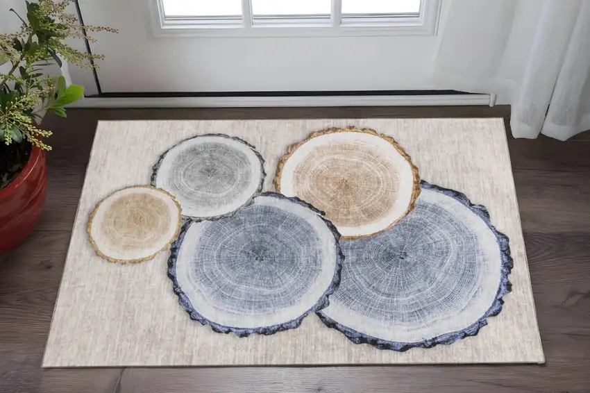 Beige Blue And Ivory Woodland Lodge Washable Area Rug With UV Protection Photo 2