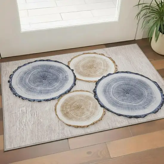 Beige Blue And Ivory Woodland Lodge Washable Area Rug With UV Protection Photo 1