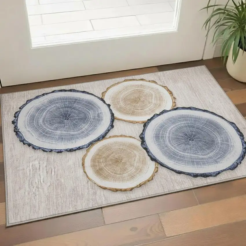 Beige Blue And Ivory Woodland Lodge Washable Area Rug With UV Protection Photo 1