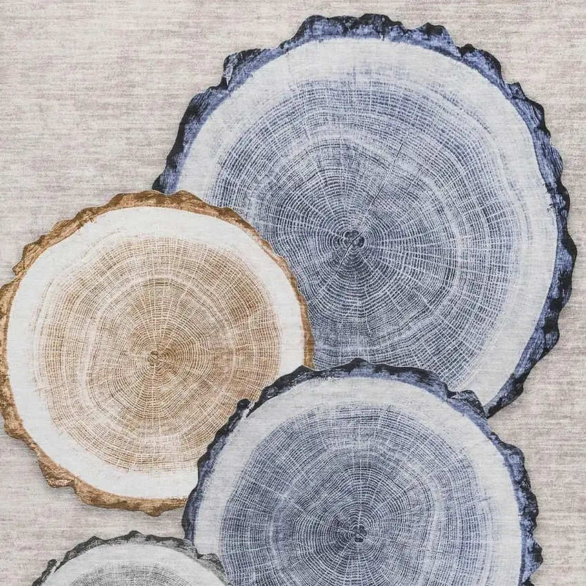 Beige Blue And Ivory Faux Bois Washable Area Rug With UV Protection Photo 4