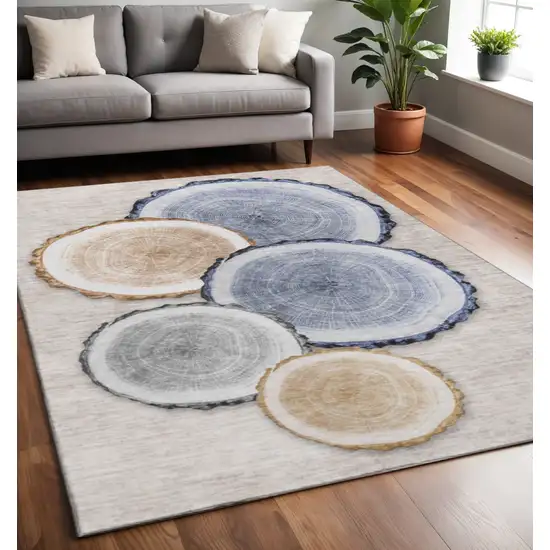Beige Blue And Ivory Woodland Lodge Washable Area Rug With UV Protection Photo 2