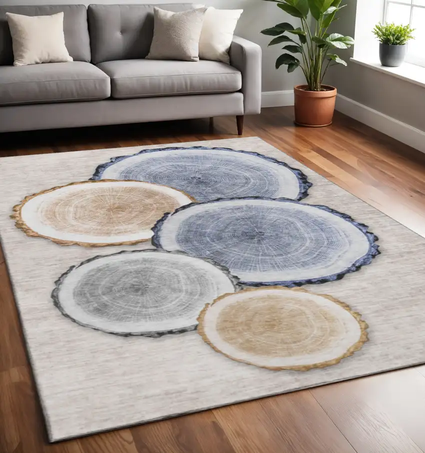 Beige Blue And Ivory Woodland Lodge Washable Area Rug With UV Protection Photo 2