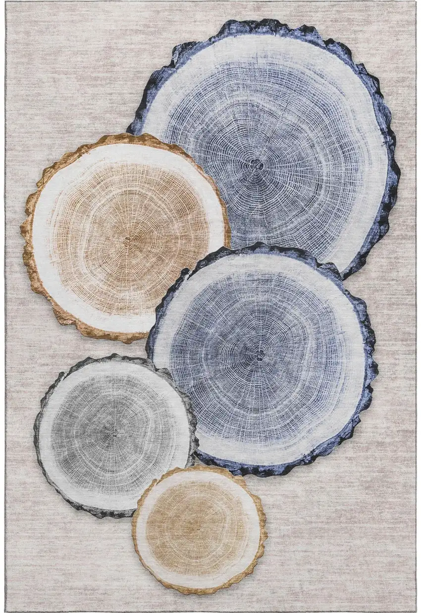 Beige Blue And Ivory Faux Bois Washable Area Rug With UV Protection Photo 2