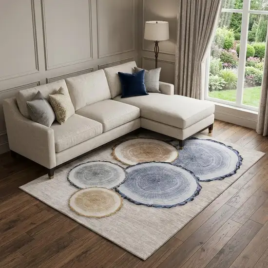 Beige Blue And Ivory Faux Bois Washable Area Rug With UV Protection Photo 1