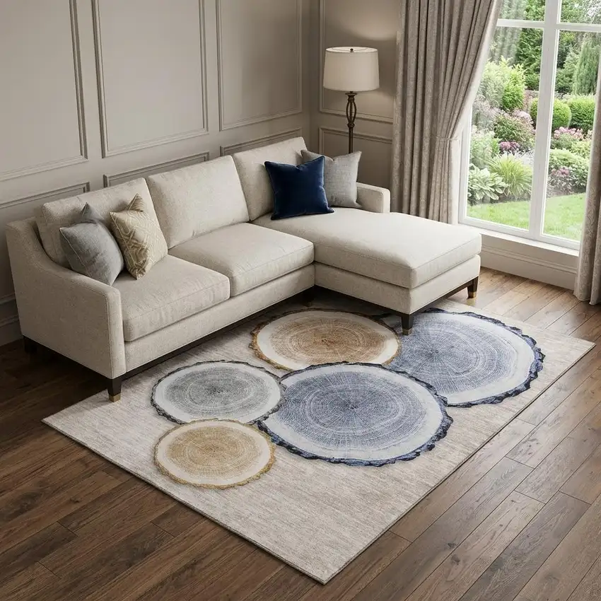 Beige Blue And Ivory Faux Bois Washable Area Rug With UV Protection Photo 1