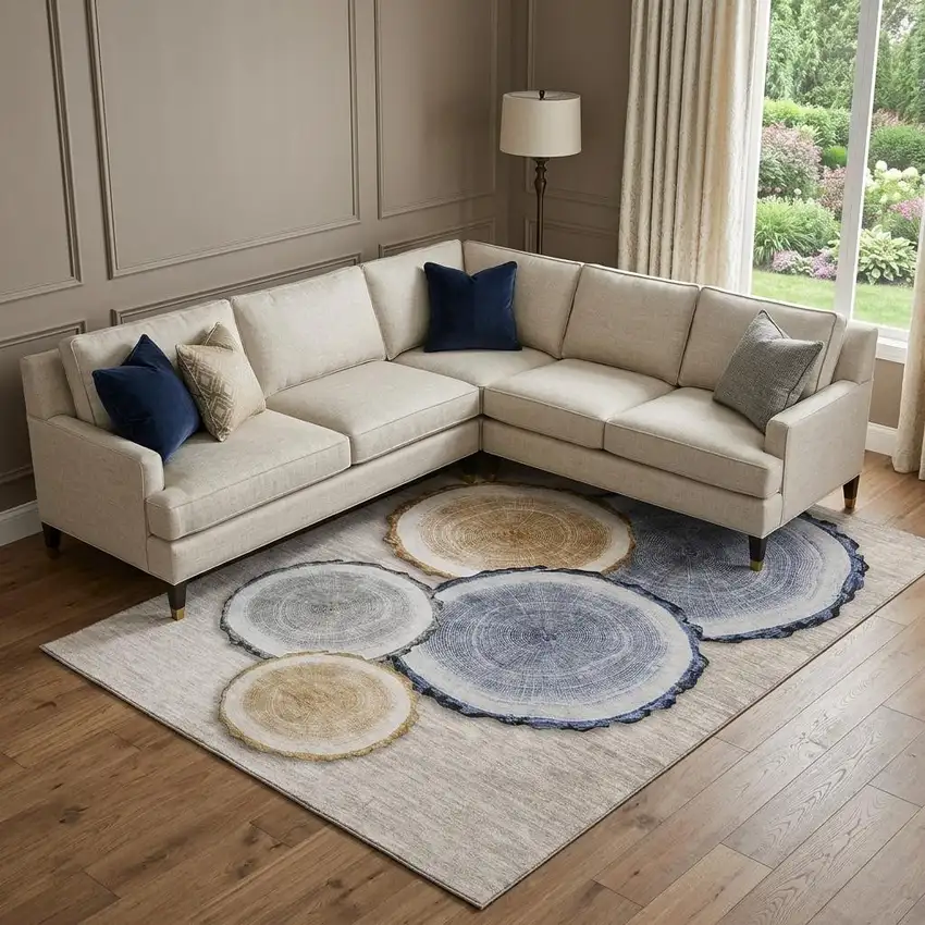 Beige Blue And Ivory Woodland Lodge Washable Area Rug With UV Protection Photo 1