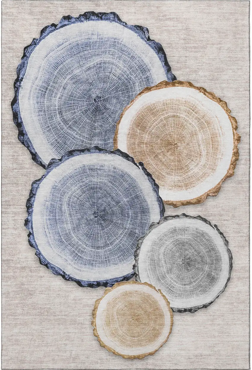 Beige Blue And Ivory Woodland Lodge Washable Area Rug With UV Protection Photo 4