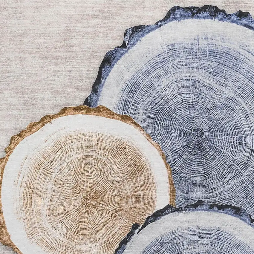 Beige Blue And Ivory Woodland Lodge Washable Area Rug With UV Protection Photo 3