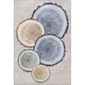 Photo of Beige Blue And Ivory Woodland Lodge Washable Area Rug With UV Protection