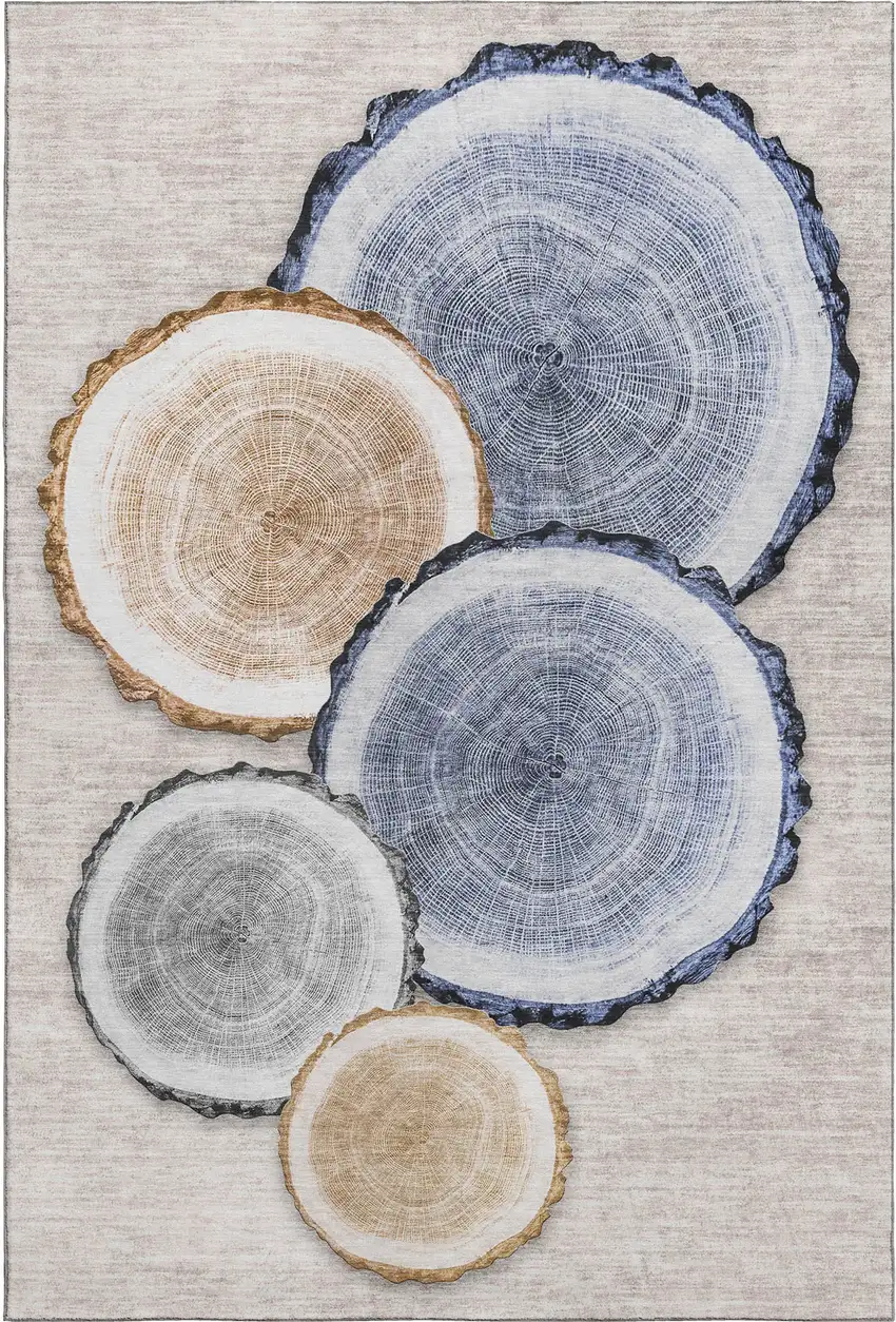 Beige Blue And Ivory Woodland Lodge Washable Area Rug With UV Protection Photo 1