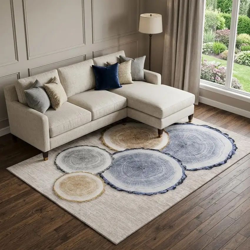 Beige Blue And Ivory Faux Bois Washable Area Rug With UV Protection Photo 1