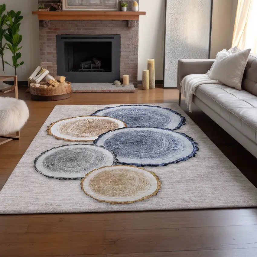 Beige Blue And Ivory Woodland Lodge Washable Area Rug With UV Protection Photo 6