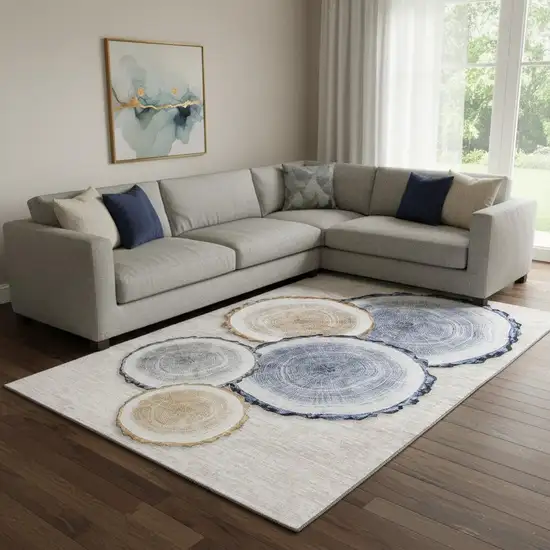 Beige Blue And Ivory Woodland Lodge Washable Area Rug With UV Protection Photo 1