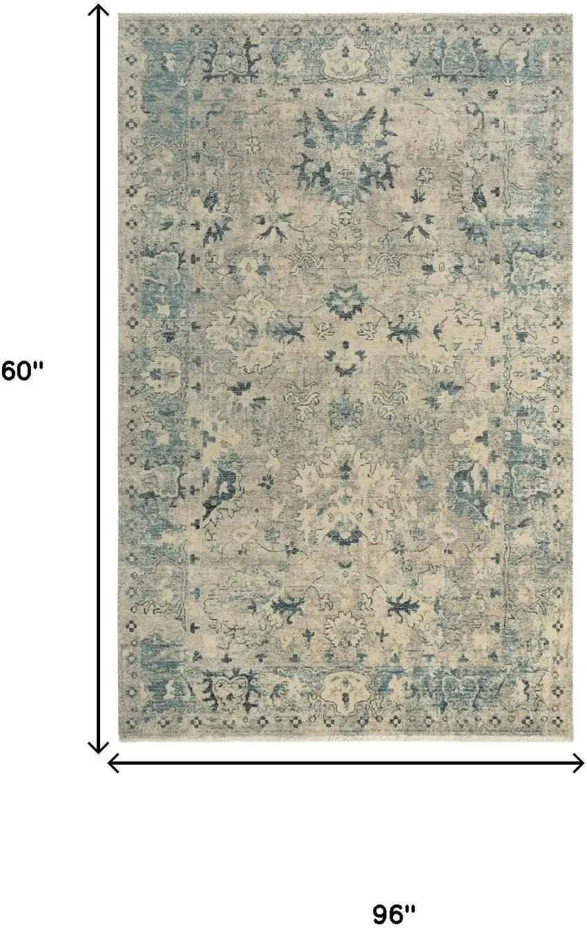 Beige Blue And Ivory Wool Oriental Hand Carved Handmade Area Rug Photo 6