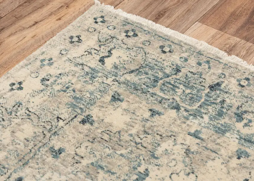 Beige Blue And Ivory Wool Oriental Hand Carved Handmade Area Rug Photo 4