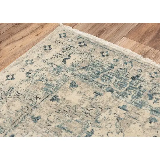 Beige Blue And Ivory Wool Oriental Hand Carved Handmade Area Rug Photo 4