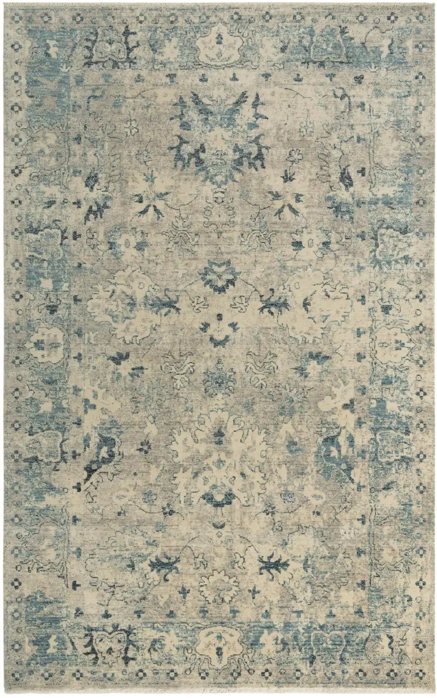Beige Blue And Ivory Wool Oriental Hand Carved Handmade Area Rug Photo 1