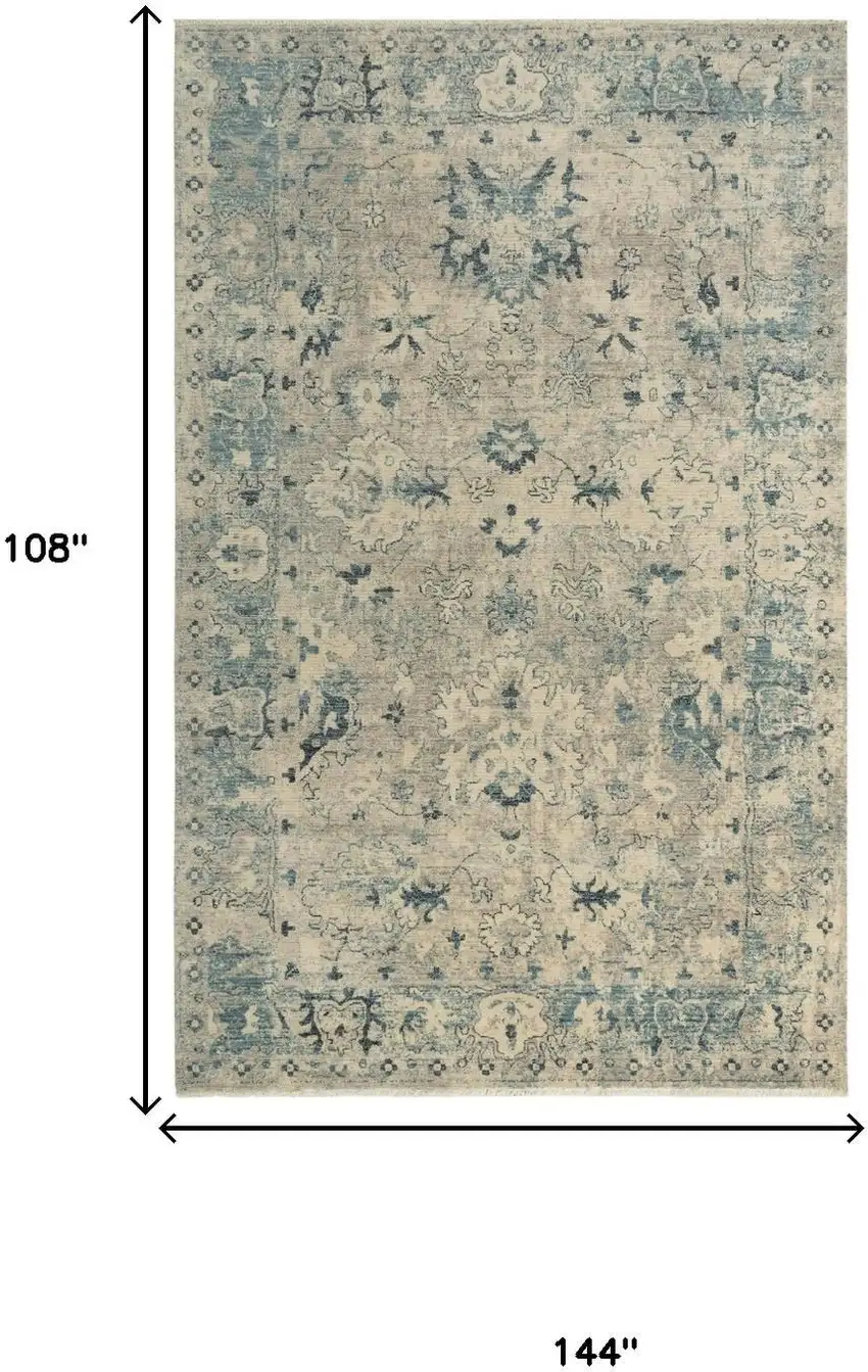 Beige Blue And Ivory Wool Oriental Hand Carved Handmade Area Rug Photo 6