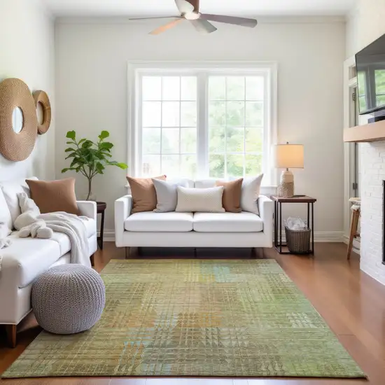 Beige Blue And Khaki Geometric Washable Area Rug With UV Protection Photo 3