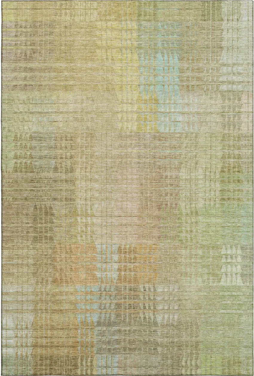Beige Blue And Khaki Geometric Washable Area Rug With UV Protection Photo 1