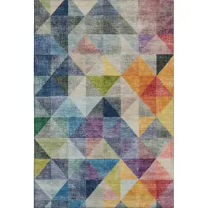 Photo of Beige Blue And Orange Geometric Washable Area Rug With UV Protection