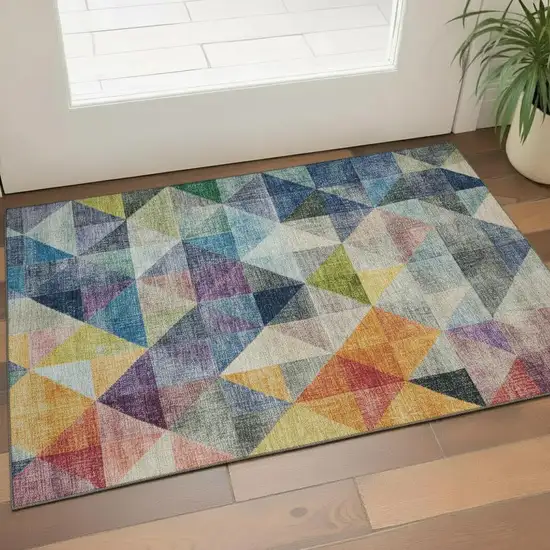 Beige Blue And Orange Geometric Washable Area Rug With UV Protection Photo 2