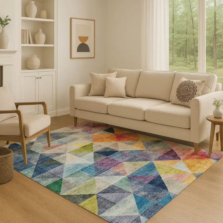 Beige Blue And Orange Geometric Washable Area Rug With UV Protection Photo 4