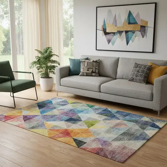 Beige Blue And Orange Geometric Washable Area Rug With UV Protection Photo 2