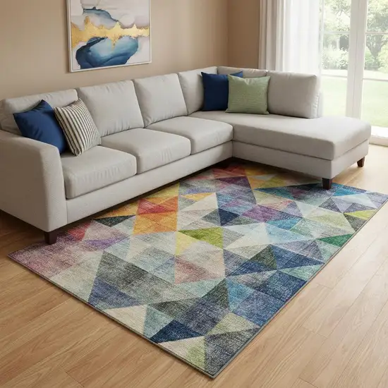 Beige Blue And Orange Geometric Washable Area Rug With UV Protection Photo 2