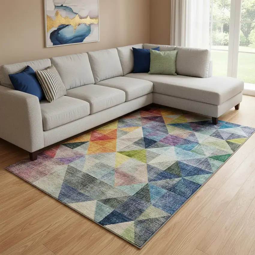 Beige Blue And Orange Geometric Washable Area Rug With UV Protection Photo 2
