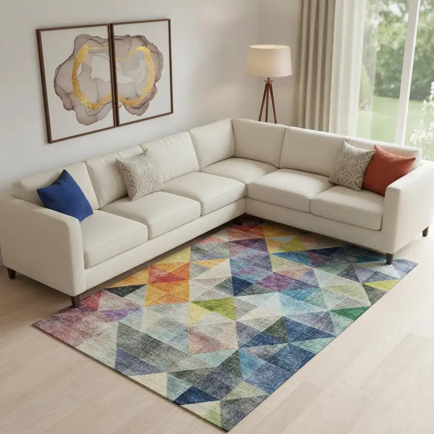 Beige Blue And Orange Geometric Washable Area Rug With UV Protection Photo 2