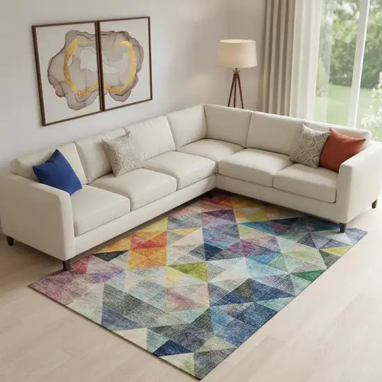 Beige Blue And Orange Geometric Washable Area Rug With UV Protection Photo 2