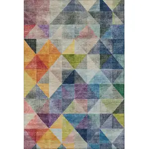 Photo of Beige Blue And Orange Geometric Washable Area Rug With UV Protection