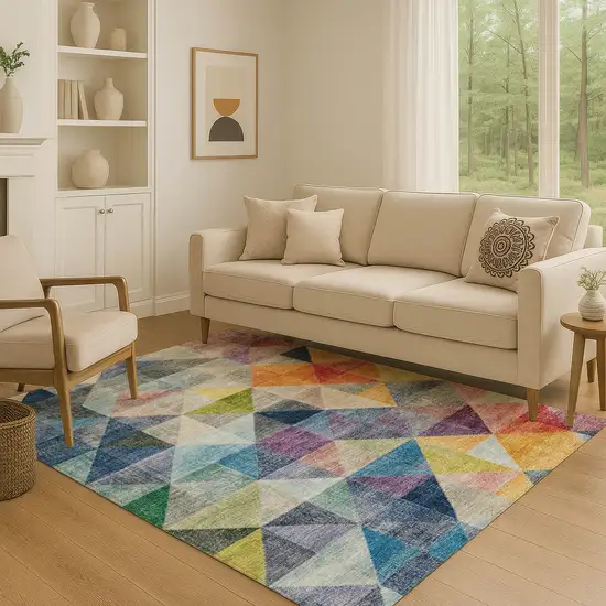 Beige Blue And Orange Geometric Washable Area Rug With UV Protection Photo 5