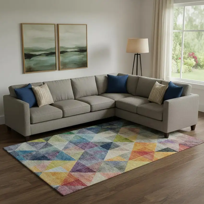 Beige Blue And Orange Geometric Washable Area Rug With UV Protection Photo 2