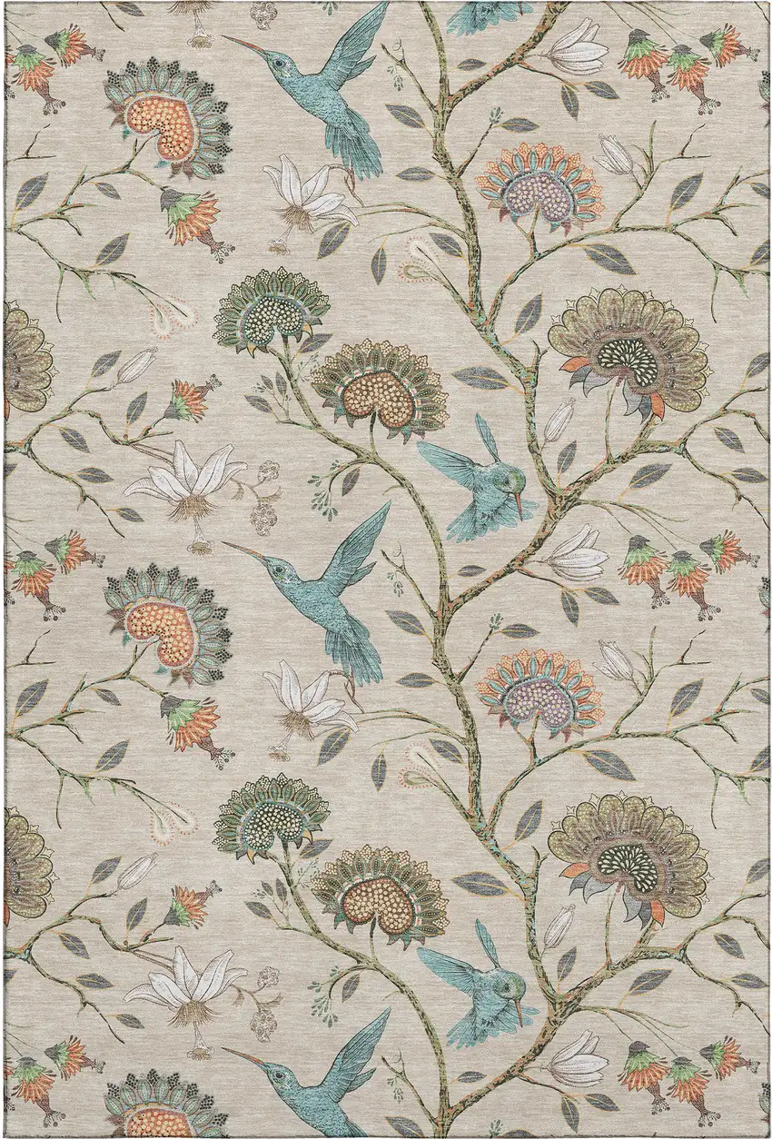 Beige Blue And Peach Geometric Washable Area Rug With UV Protection Photo 1