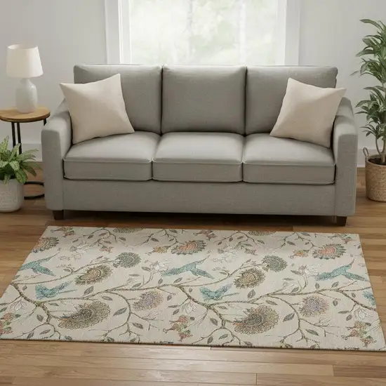 Beige Blue And Peach Geometric Washable Area Rug With UV Protection Photo 1