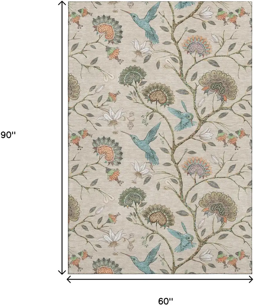 Beige Blue And Peach Geometric Washable Area Rug With UV Protection Photo 3