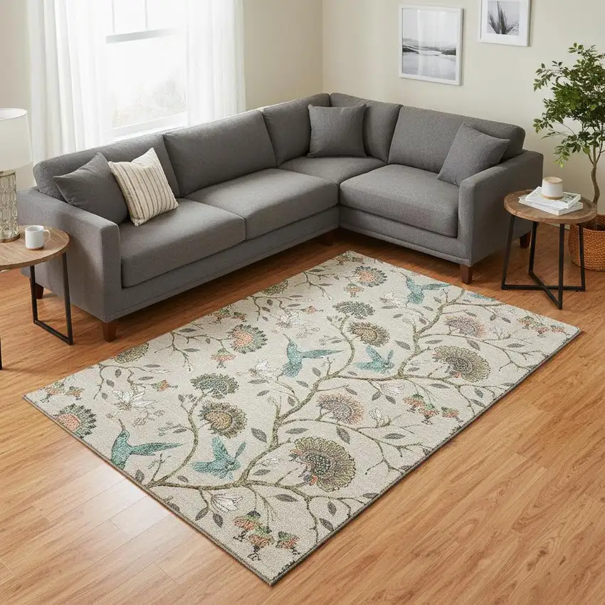 Beige Blue And Peach Geometric Washable Area Rug With UV Protection Photo 1